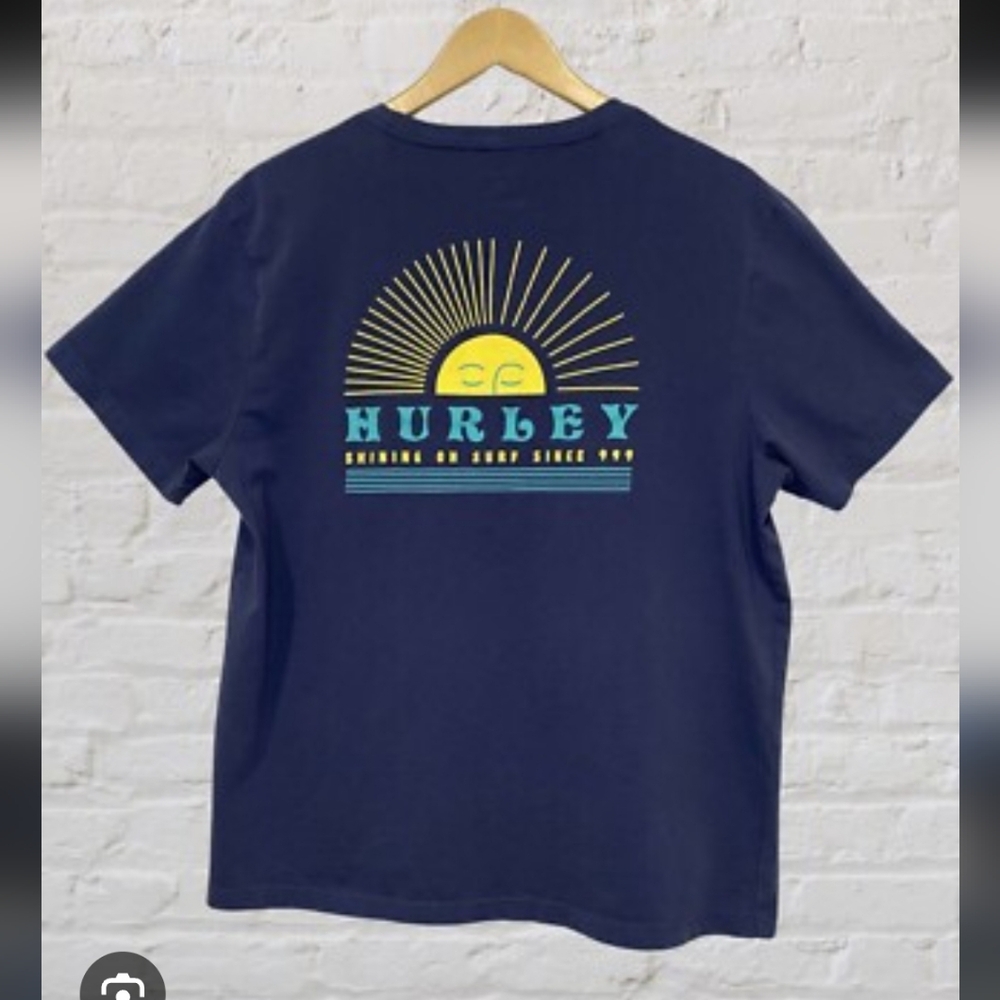 Hurley Men's Blue Graphic T-Shirt Yellow Sun Rays L